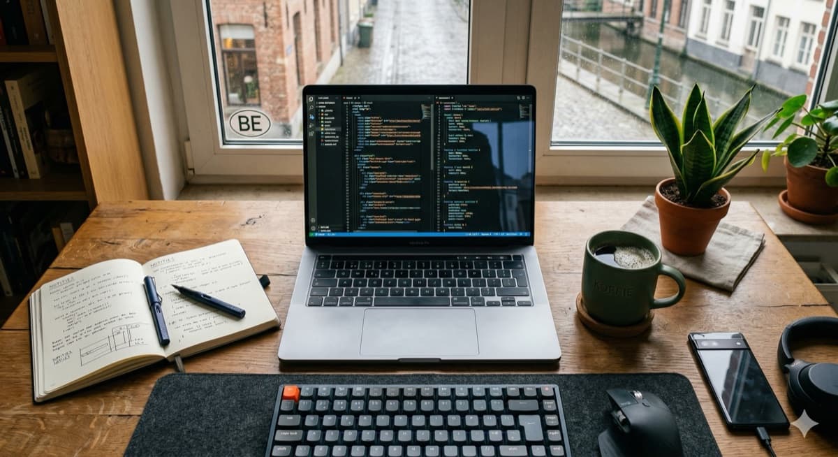 Bureau-setup van een moderne webontwikkelaar: laptop met kleurrijke code op het scherm, koffiemok, plant en notitieboekje in een warme Belgische sfeer