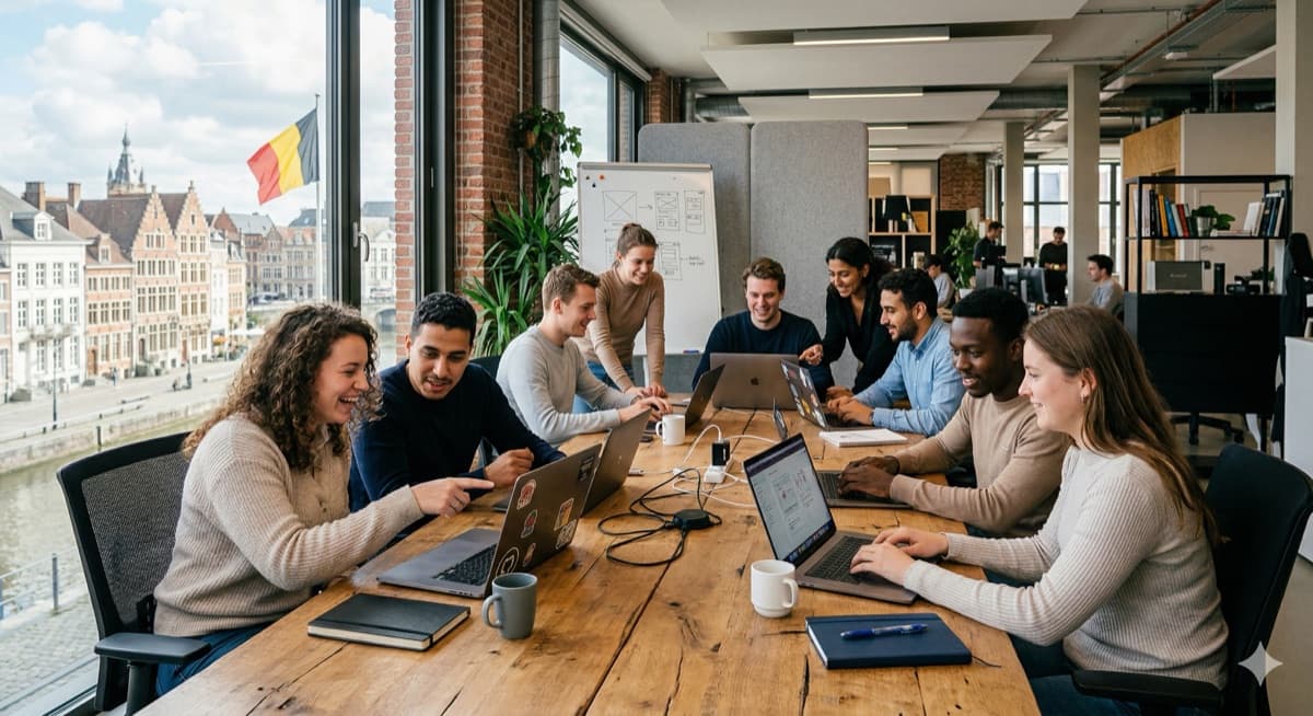Teamfoto van een diverse groep jonge webontwikkelaars die samenwerken achter laptops in een modern kantoor met grote ramen, daglicht en een open werkruimte