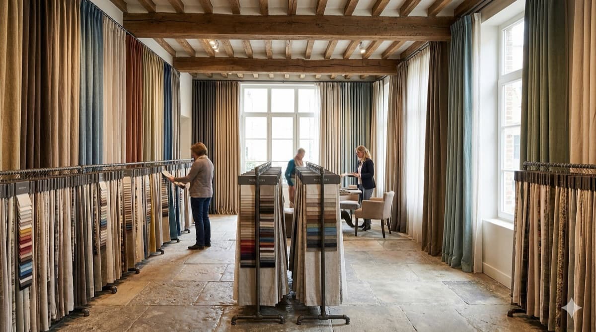 De showroom van Sin-tex in Heusden-Zolder met stoffenstalen en gordijnen op maat