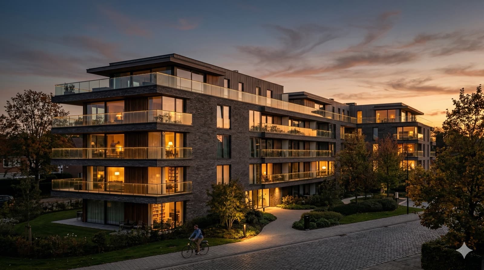 Modern appartementencomplex in België bij gouden uur, met warme, sfeervolle verlichting in de ramen