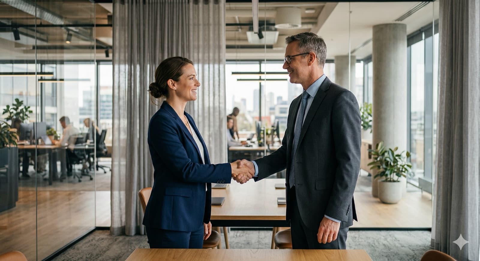 Professionele handdruk tussen twee personen in een modern kantoor, met gordijnen op de achtergrond en warme belichting