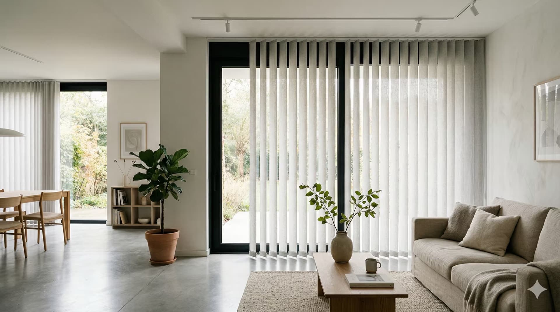 Verticale stoffen lamellen op maat in een lichte woonkamer in Hasselt, Limburg - Sin-tex raamdecoratie