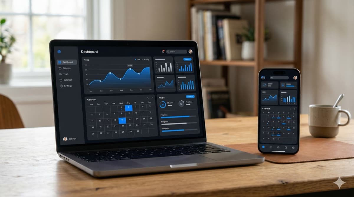 Mockup van een modern softwaredashboard op een MacBook Pro en een iPhone, donkere interface met blauwe accenten, grafieken en kalenderweergave