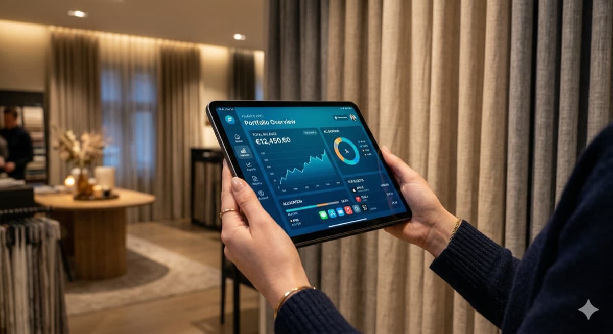 Close-up van handen die een tablet vasthouden met een moderne app-interface, gordijnen op de achtergrond in een showroom met warm licht