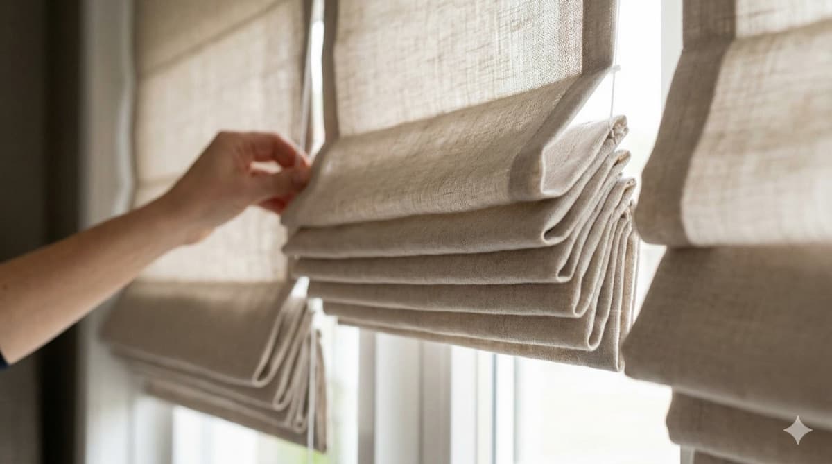 Detail van een beige linnen vouwgordijn dat opgetrokken wordt - Sin-tex raamdecoratie